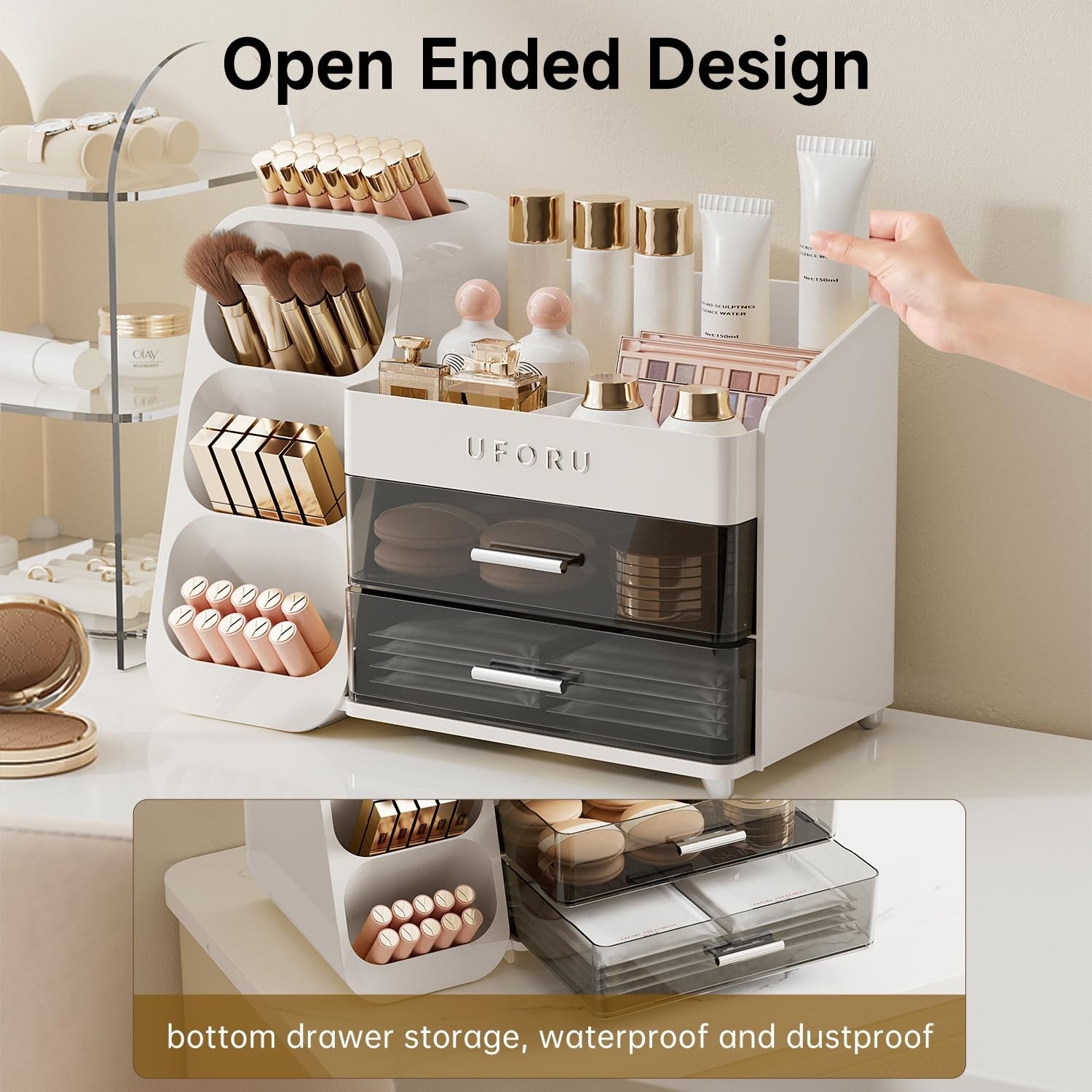 Makeup Organizer for Vanity with Brush Holder Countertop Skincare 2 Drawers