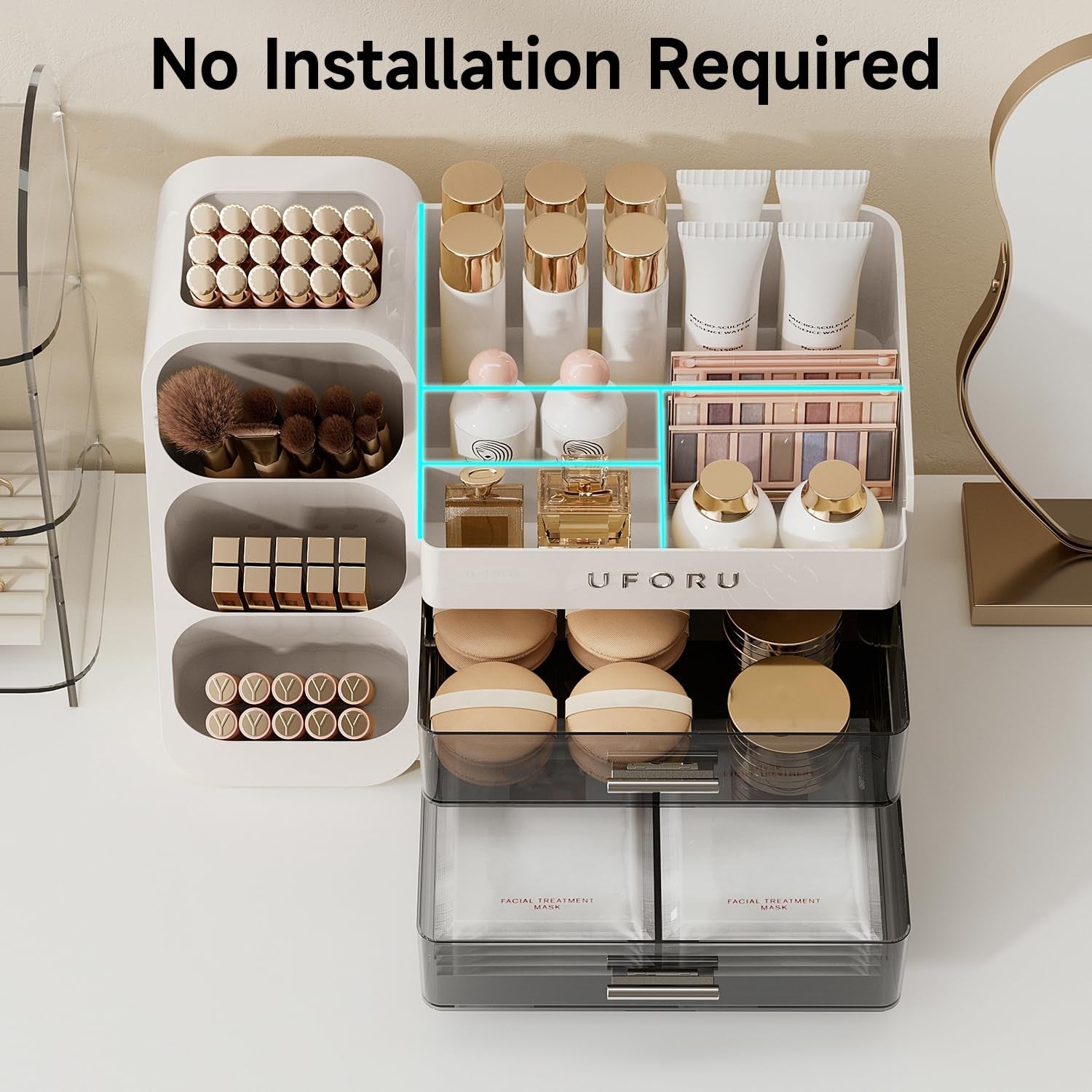 Makeup Organizer for Vanity with Brush Holder Countertop Skincare 2 Drawers
