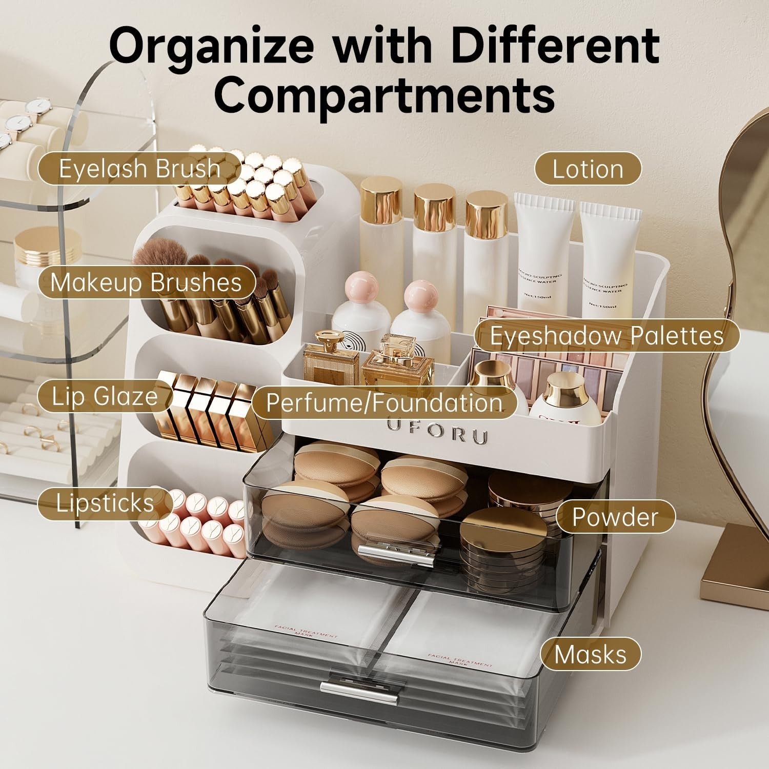Makeup Organizer for Vanity with Brush Holder Countertop Skincare 2 Drawers